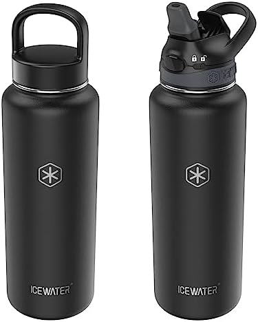 ICEWATER-40 oz, Soft Auto Straw Lid, Insulated Water Bottle With Straw, Stainless Steel, BPA-Free,Powder Coated,Lockable Lid,Pop-up Top,One-handed Operation (40 oz, Black)