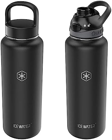 ICEWATER-40 oz, Auto Spout Lid + Wide Mouth Lid, Stainless Steel Water Bottle, BPA Free, Double Walled Vacuum, Lockable Lid, Leak Proof, Pop-up Top, One-handed Operation (40 oz, Black)