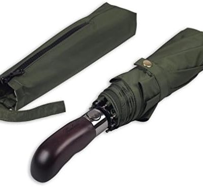 Balios Travel Folding Umbrella with Real Wood Handle Auto Open Close Vented Windproof Canopy - Designed in UK